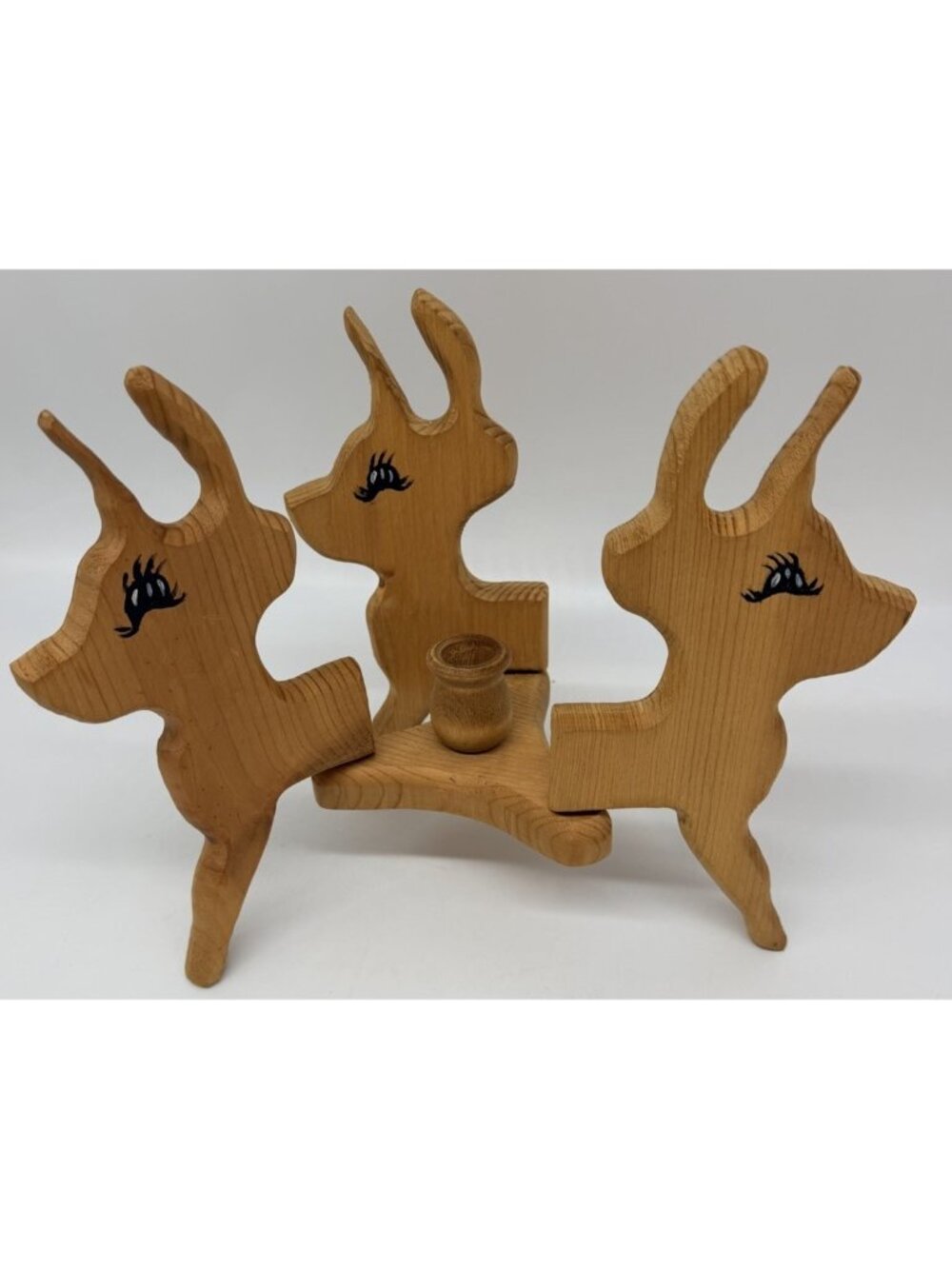 ReinDeer Candle Holder Rustic Folk Art Hand Carved Taper Movable Painted Eyes